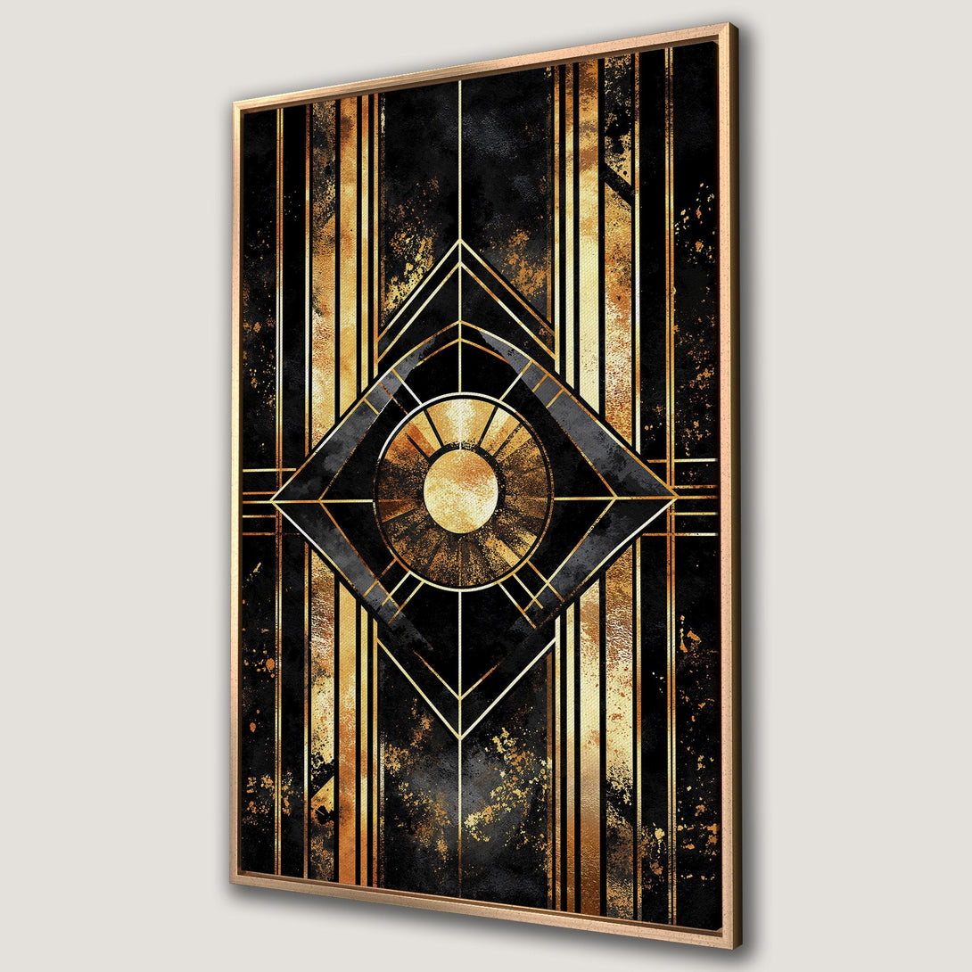 Framed Wall Art: Art Deco design in black and gold. Geometric abstract canvas print adds a touch of luxury to any space. Elevate your decor today!