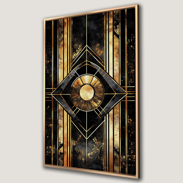Framed Wall Art: Art Deco design in black and gold. Geometric abstract canvas print adds a touch of luxury to any space. Elevate your decor today!