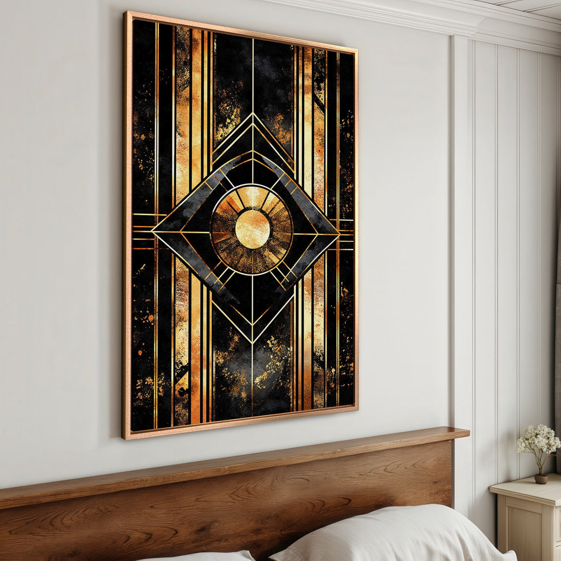 Framed Wall Art: Art Deco style Canvas Print in black & gold, geometric design. Adds a touch of luxury to any space. Shop now!