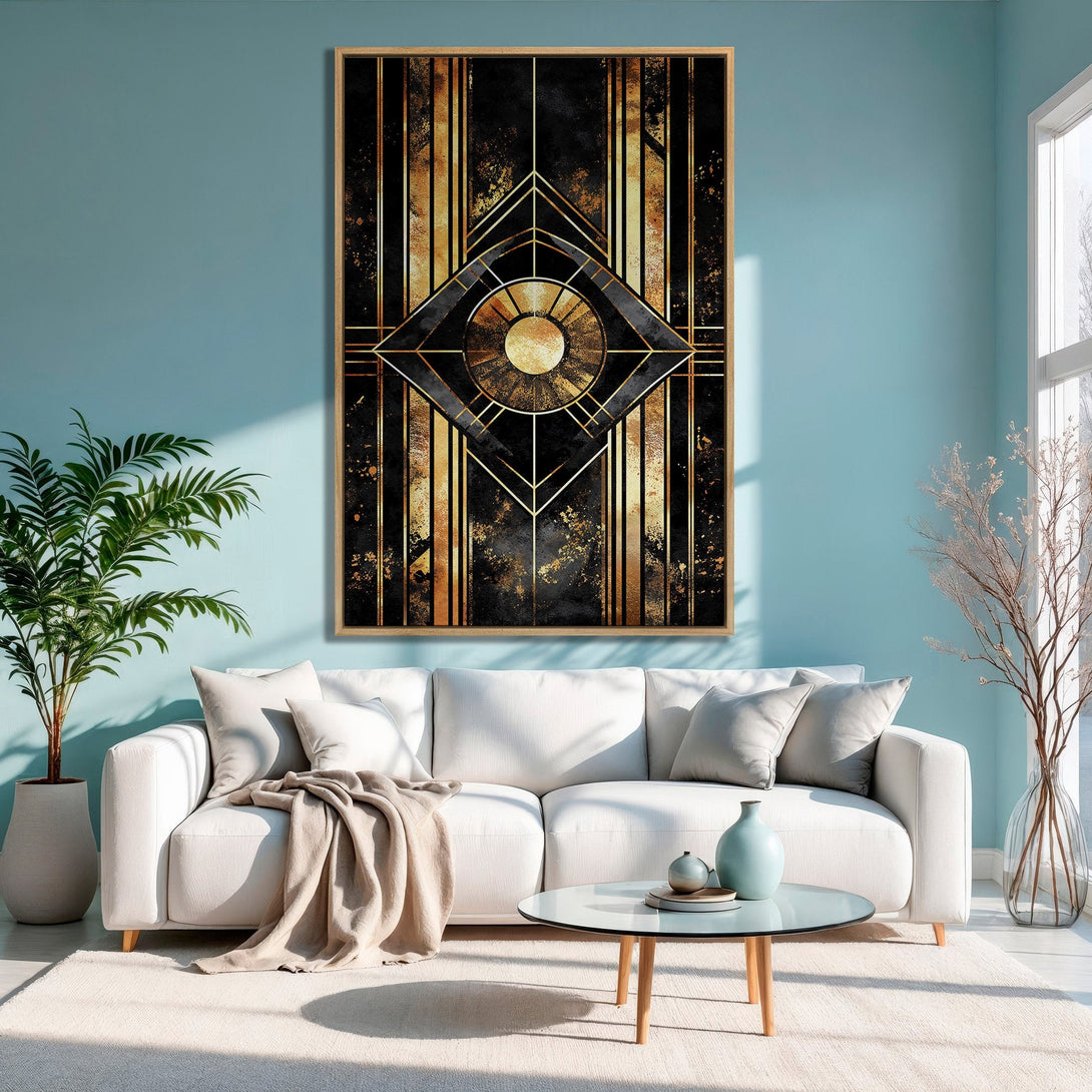 Framed Wall Art: Art Deco design in black and gold. Stunning canvas print adds a touch of luxury to any space. Perfect for living rooms and bedrooms.