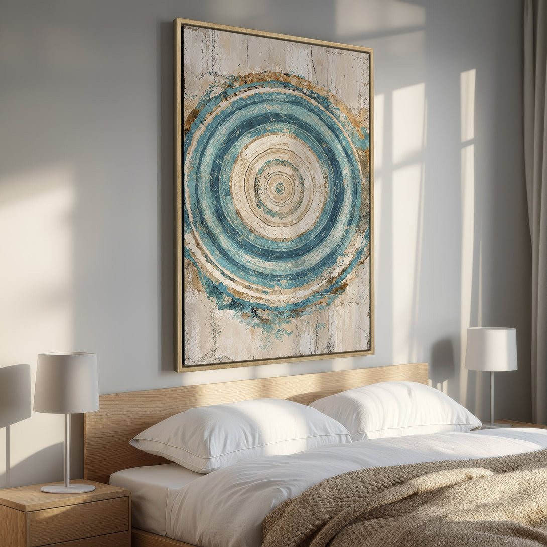 Framed Wall Art featuring abstract blue and beige concentric circles. Modern art canvas print adds a stylish touch to bedroom decor.