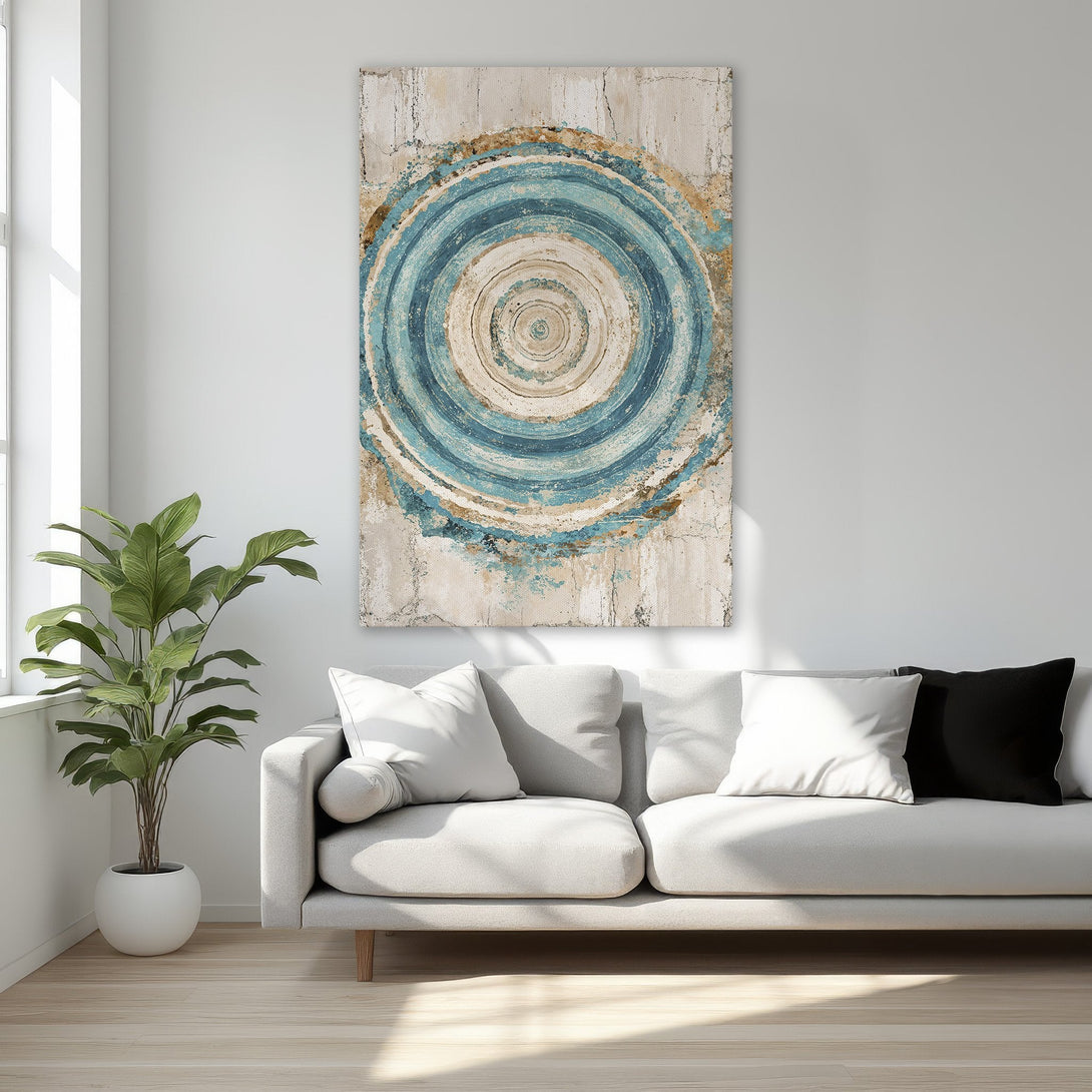 Framed Wall Art featuring abstract blue and beige circles. Modern style canvas print adds a touch of elegance to any interior.