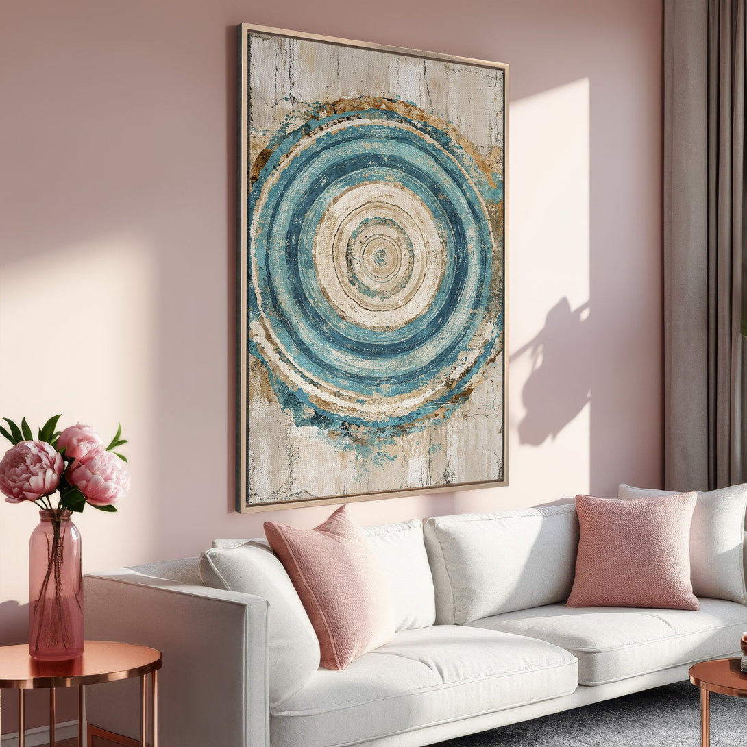 Framed Wall Art: Abstract blue and beige art print in a modern living room. Enhance your space with this stylish canvas print!