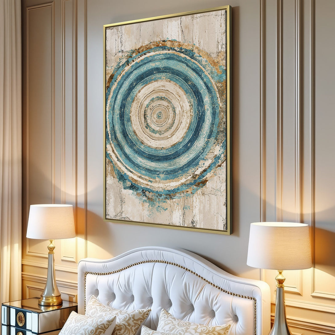 Abstract Canvas Print with concentric circles in blue, beige, and gold tones, perfect for modern living room decor.