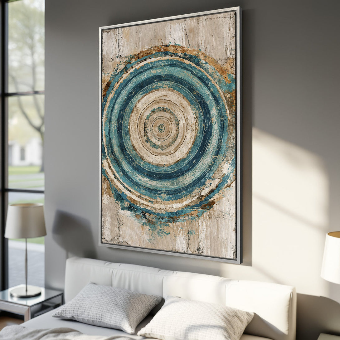 Framed Wall Art featuring abstract blue and beige spiral design. Modern canvas print adds a touch of elegance to any interior. Shop now for unique wall decor!