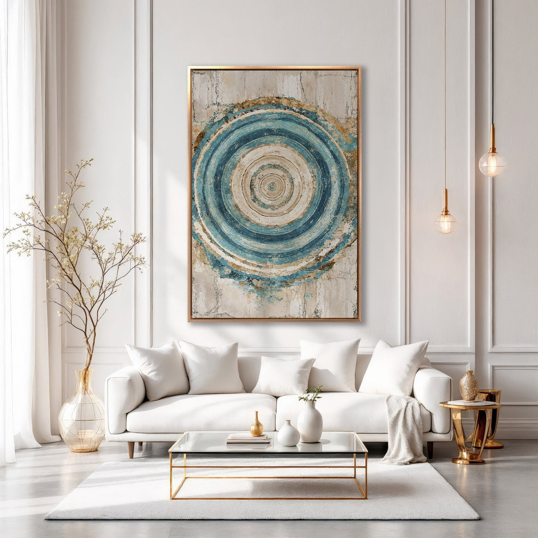Framed Wall Art: Abstract art print in blue and gold tones. Modern decor for a living room with white and gold accents. Elevate your space with stylish art.