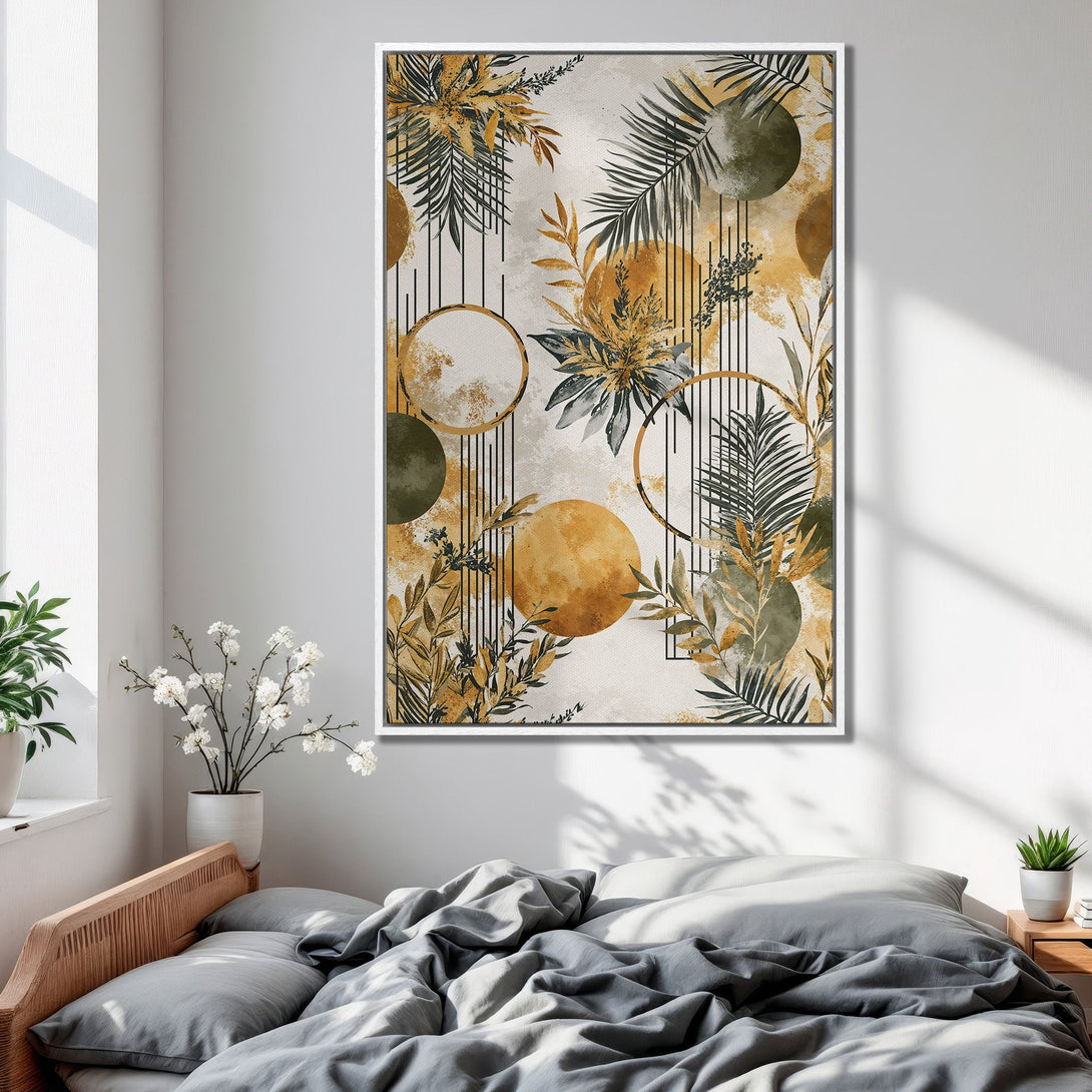 Framed Wall Art featuring botanical design with gold, green, and neutral tones. Modern abstract art perfect for bedroom decor.