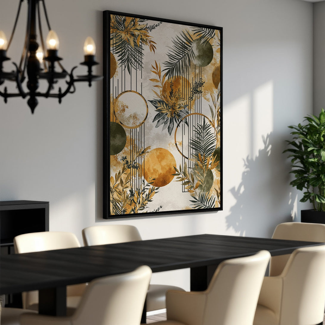 Framed Wall Art: Botanical abstract in gold, green, and beige. Modern canvas print adds a touch of elegance to any dining room.