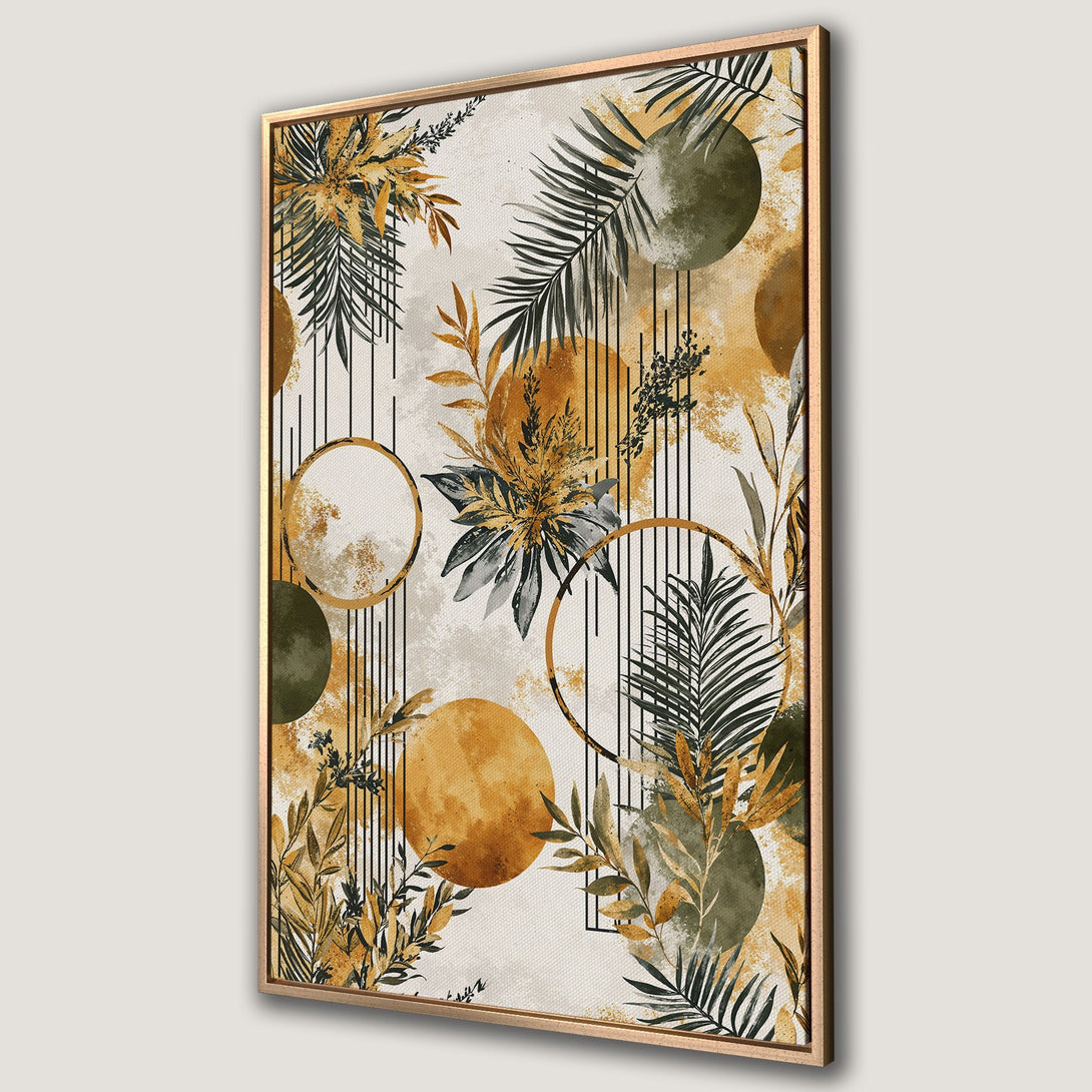 Framed Wall Art of botanical abstract design with gold, green, and beige tones. Modern Canvas Print for home decor, featuring leaves and geometric shapes.