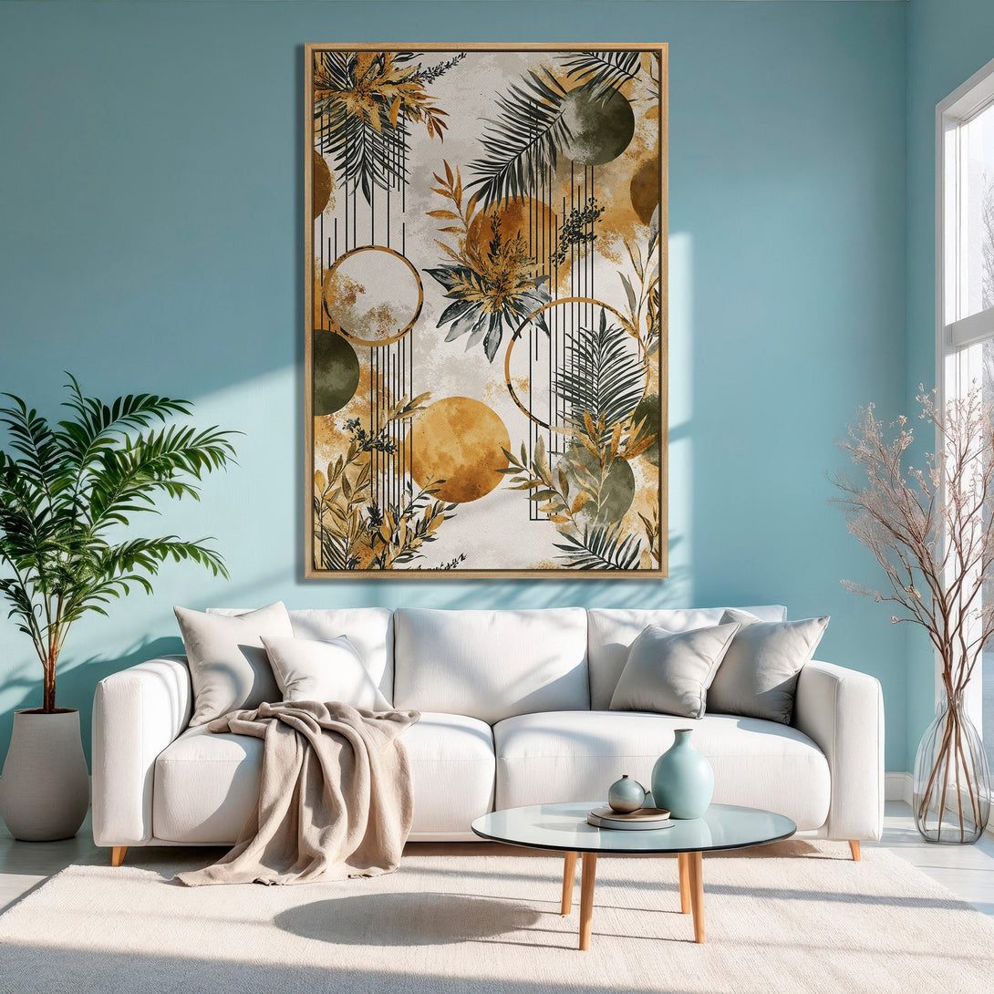 Framed Wall Art: Abstract botanical print in warm gold, green, and white tones. Modern art for a stylish living room.