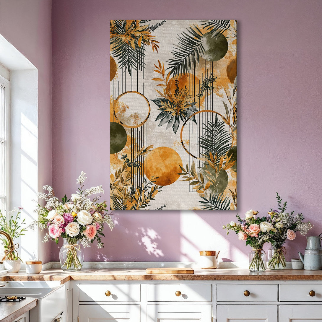Framed Wall Art: Abstract botanical print in gold, green, and beige tones. Modern art canvas print adds a touch of elegance to any living room.