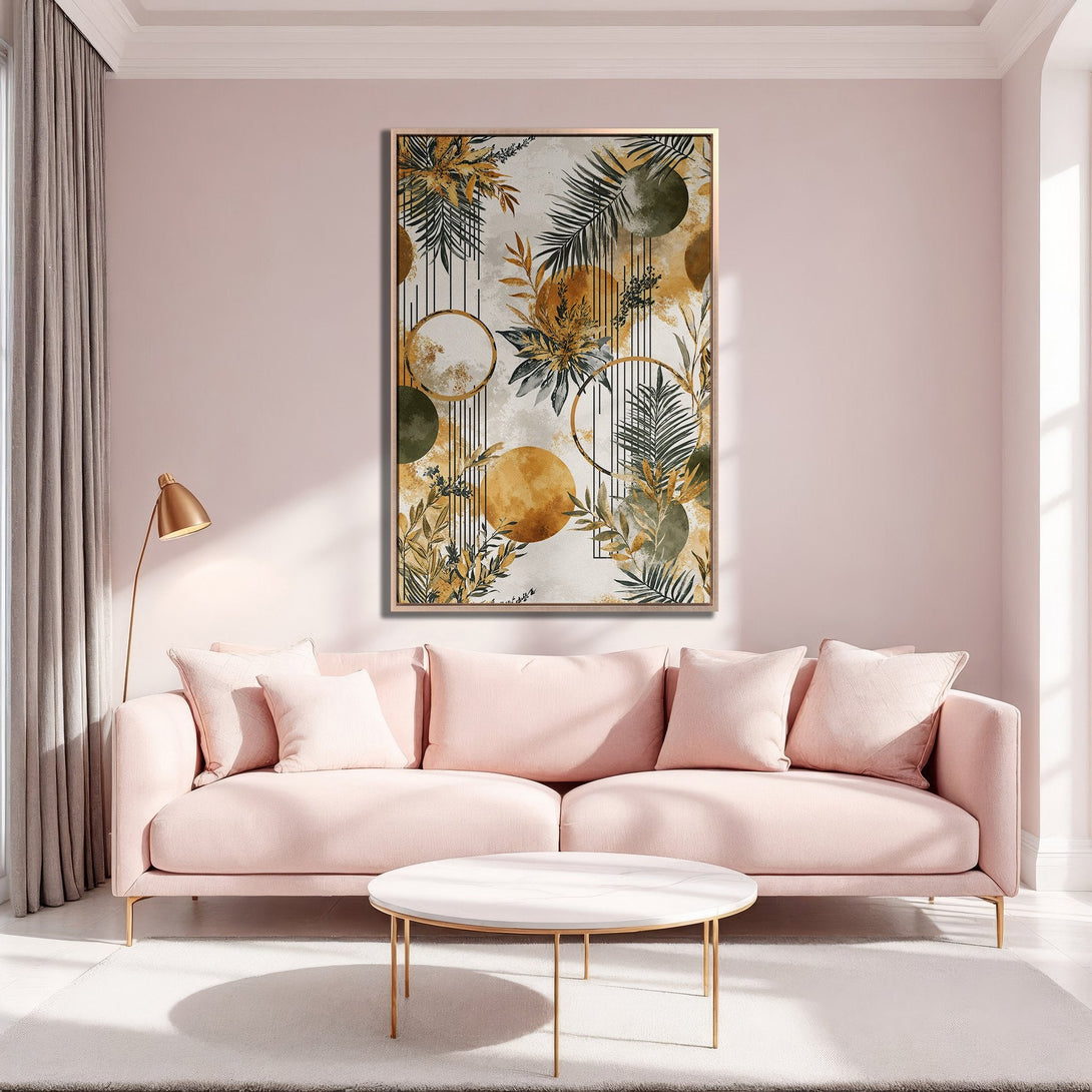 Framed Wall Art featuring abstract botanical design with gold, green, and neutral tones. Modern art print perfect for adding elegance to any interior.