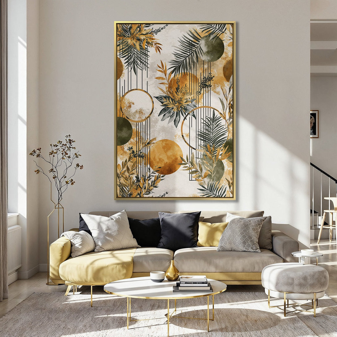 Canvas Print featuring abstract botanical art in a modern style, with a warm color palette of gold, green, and cream. Perfect wall decor!