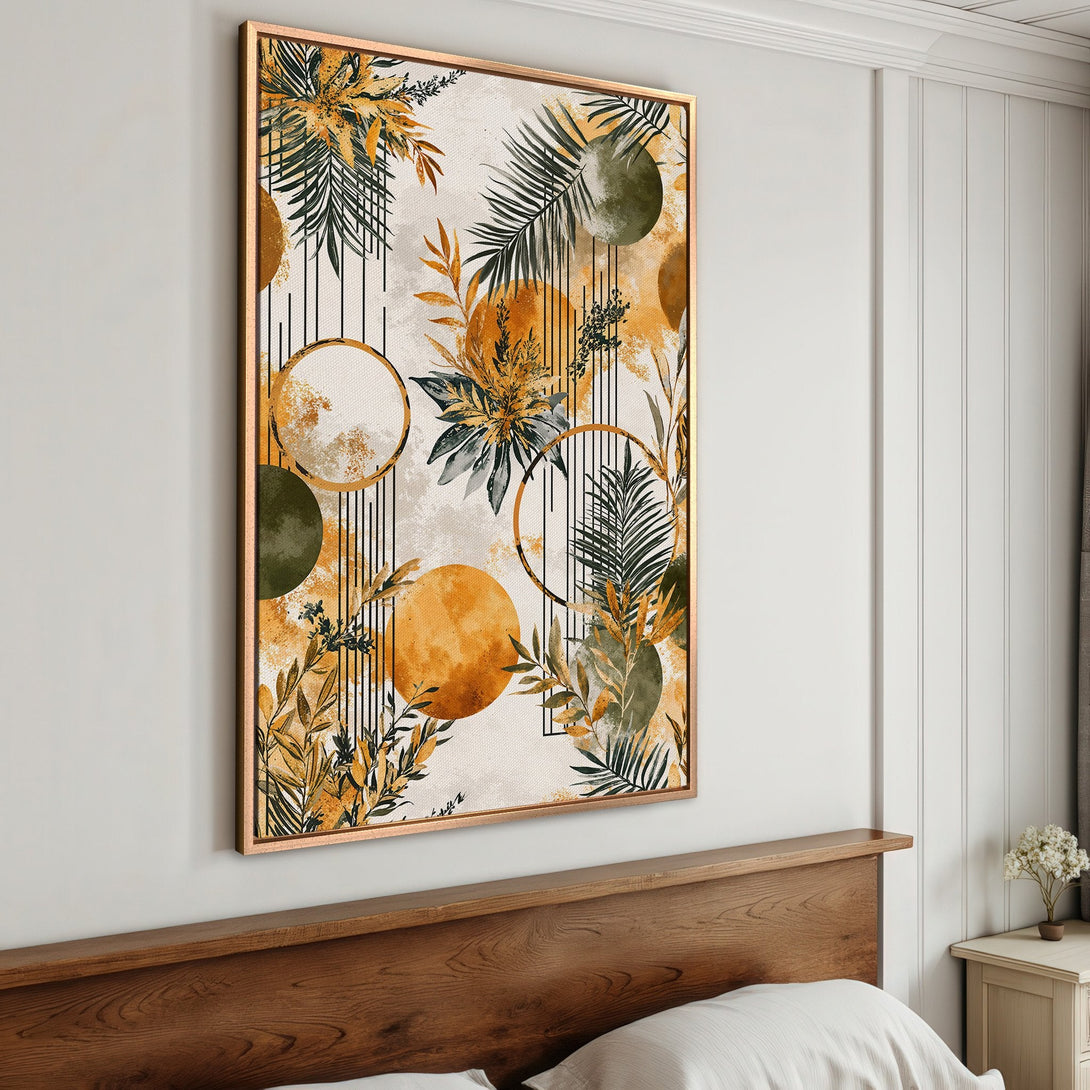 Framed Wall Art: Abstract botanical print with a warm, earthy color palette. Modern style, perfect for bedroom decor. Shop now!