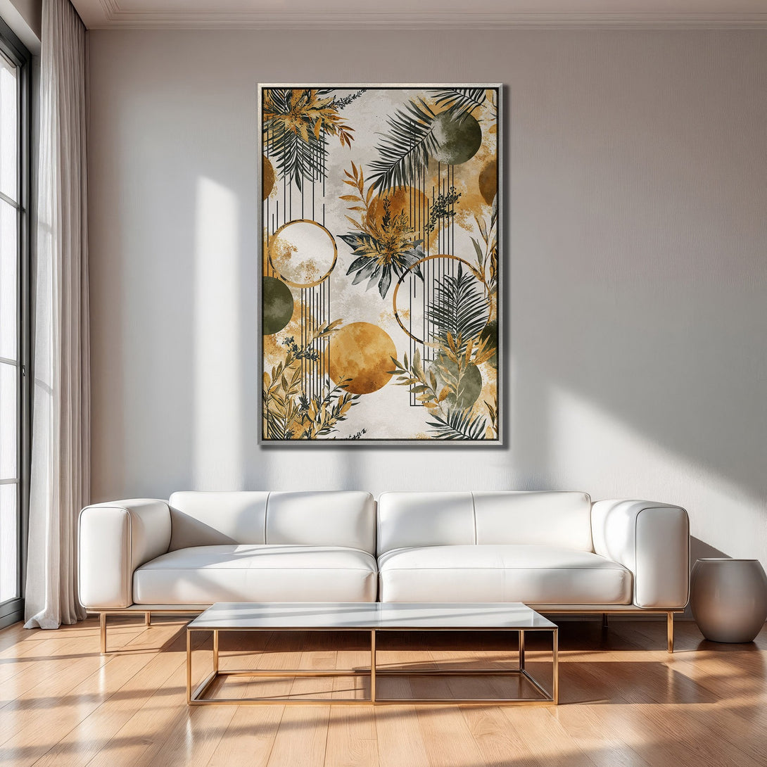 Framed Wall Art featuring abstract botanical design in gold, green, and neutral tones. Modern art canvas print for living room decor.