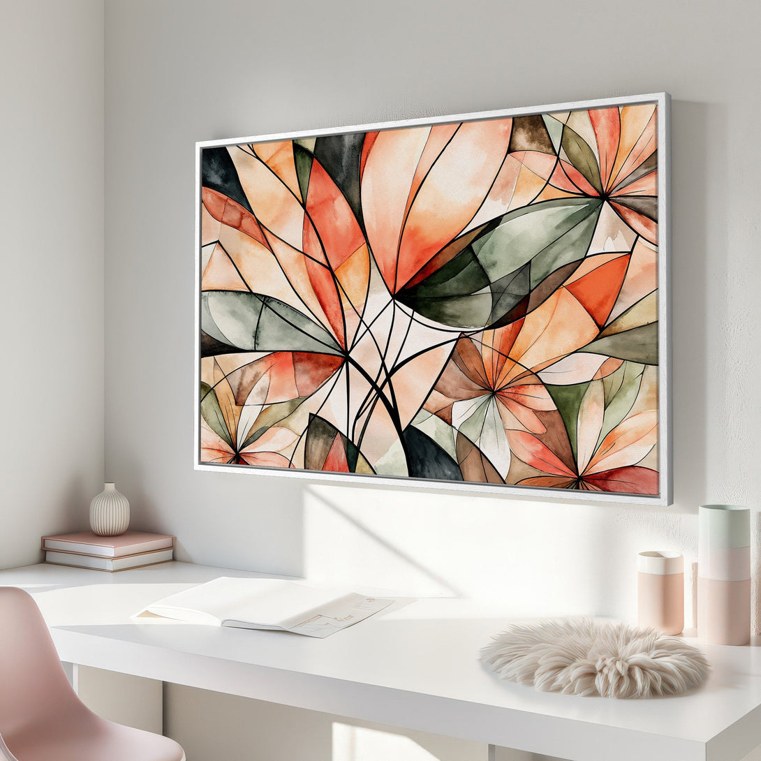 Framed Wall Art: Abstract floral design in warm orange and green tones. Modern watercolor style canvas print adds a pop of color to any room.