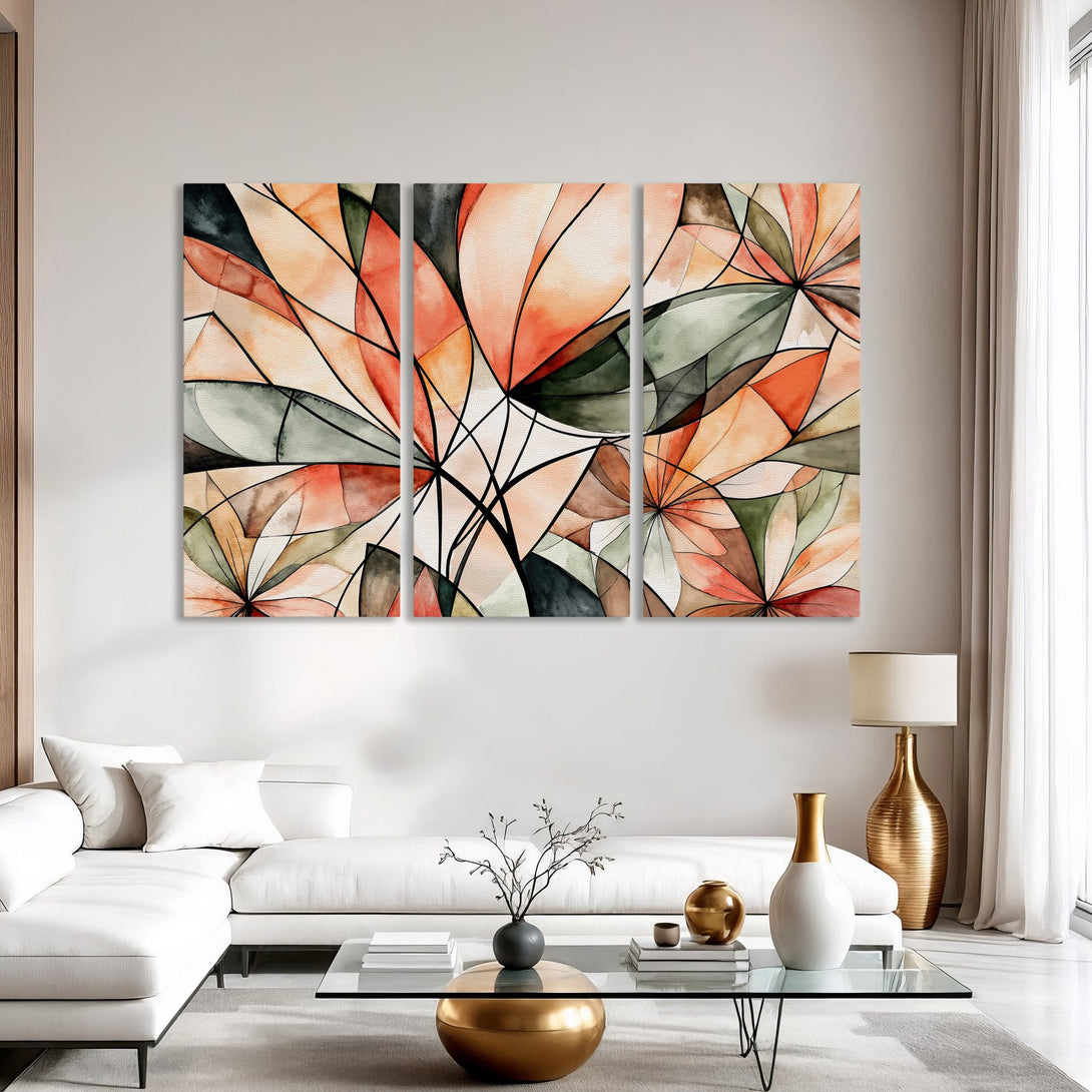 Abstract floral Canvas Print in warm orange, green, and black tones. Modern watercolor style wall art for living room decor.