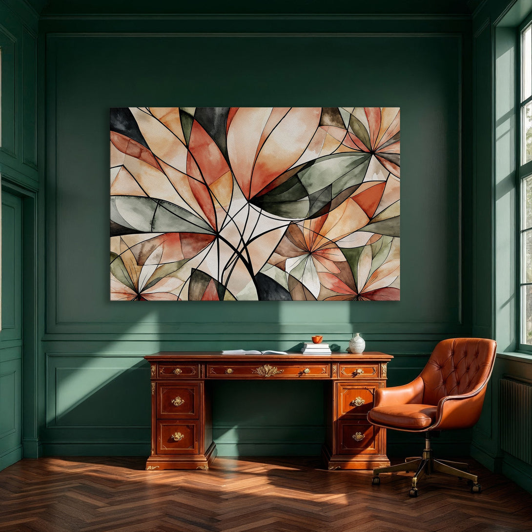 Framed Wall Art: Abstract floral design in warm orange and green tones. Modern art for dining room decor. Elevate your space with this stunning canvas print!