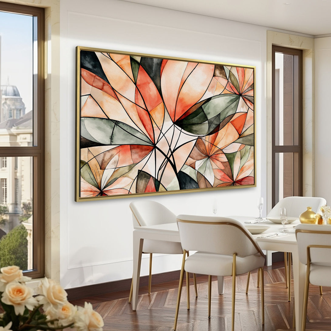 Abstract floral Canvas Print in warm earth tones. Modern art for home decor, featuring orange, green, and black hues. Elevate your space with this stylish wall art.