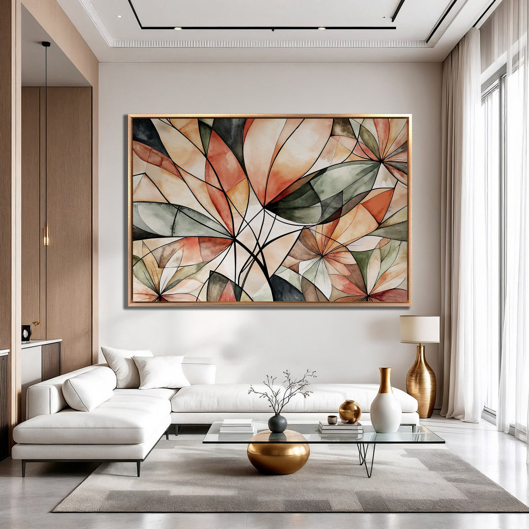 Framed Wall Art: Abstract floral design in warm orange, green, and neutral tones. Modern Canvas Print adds a touch of elegance to any living room.