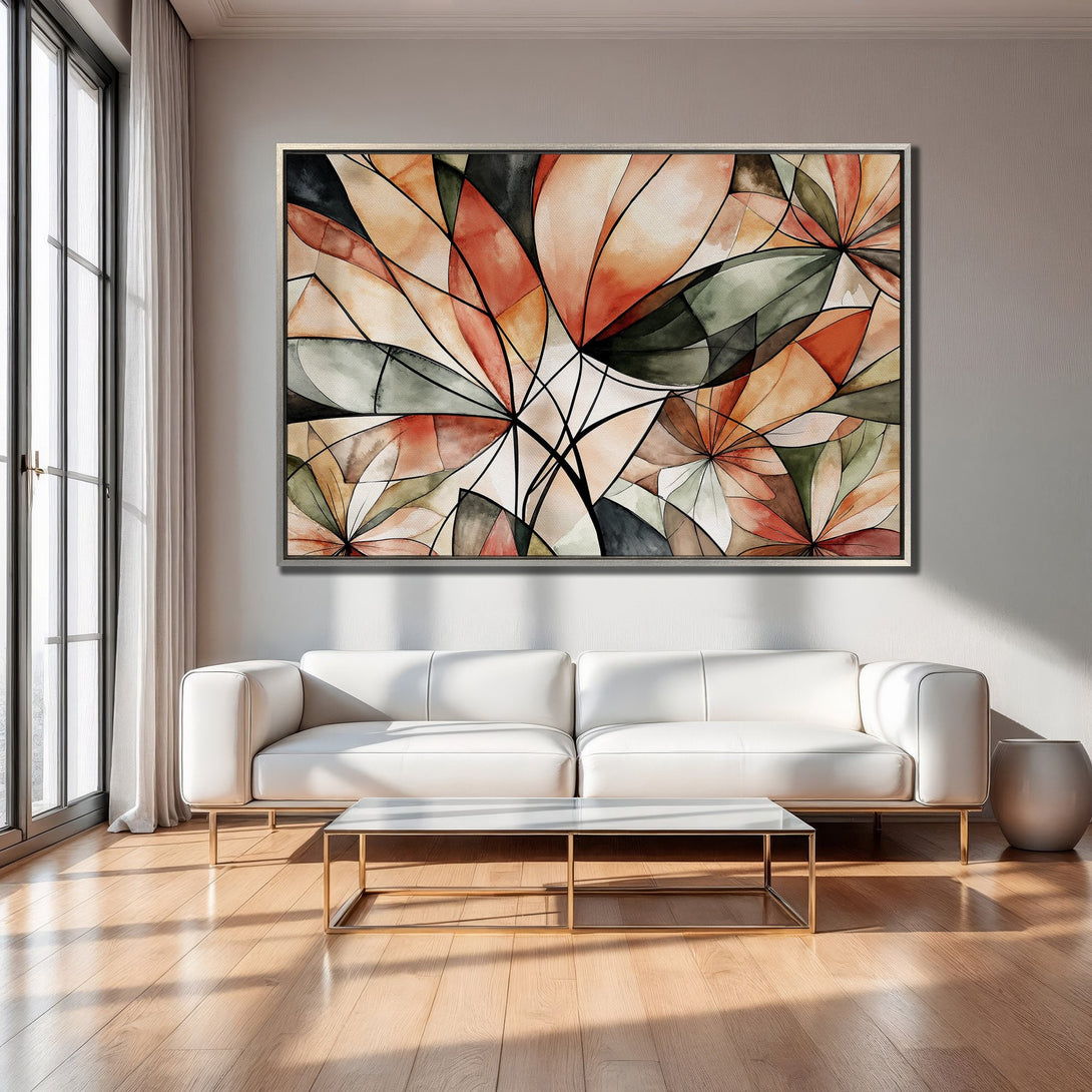 Framed Wall Art: Abstract floral design in warm orange, green, and black hues. Modern art for living room decor. Canvas Print for sale.