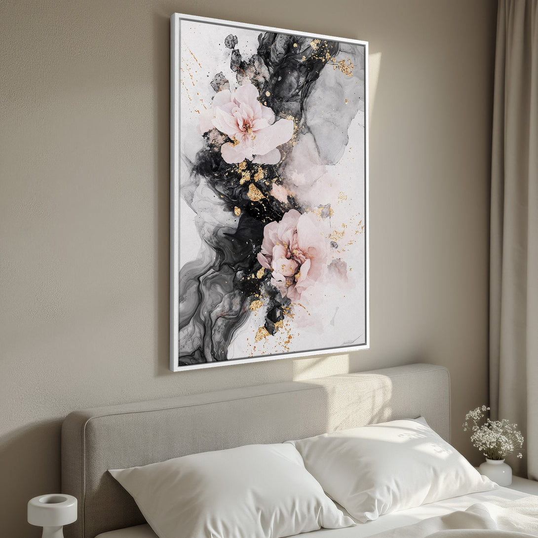 Framed Wall Art featuring abstract floral design in black, white, blush pink, and gold. Modern art canvas print for bedroom decor.