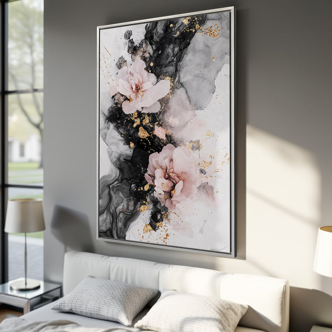 Framed Wall Art featuring abstract floral design in black, blush pink, and gold. Modern canvas print for bedroom decor, creating a luxurious aesthetic.