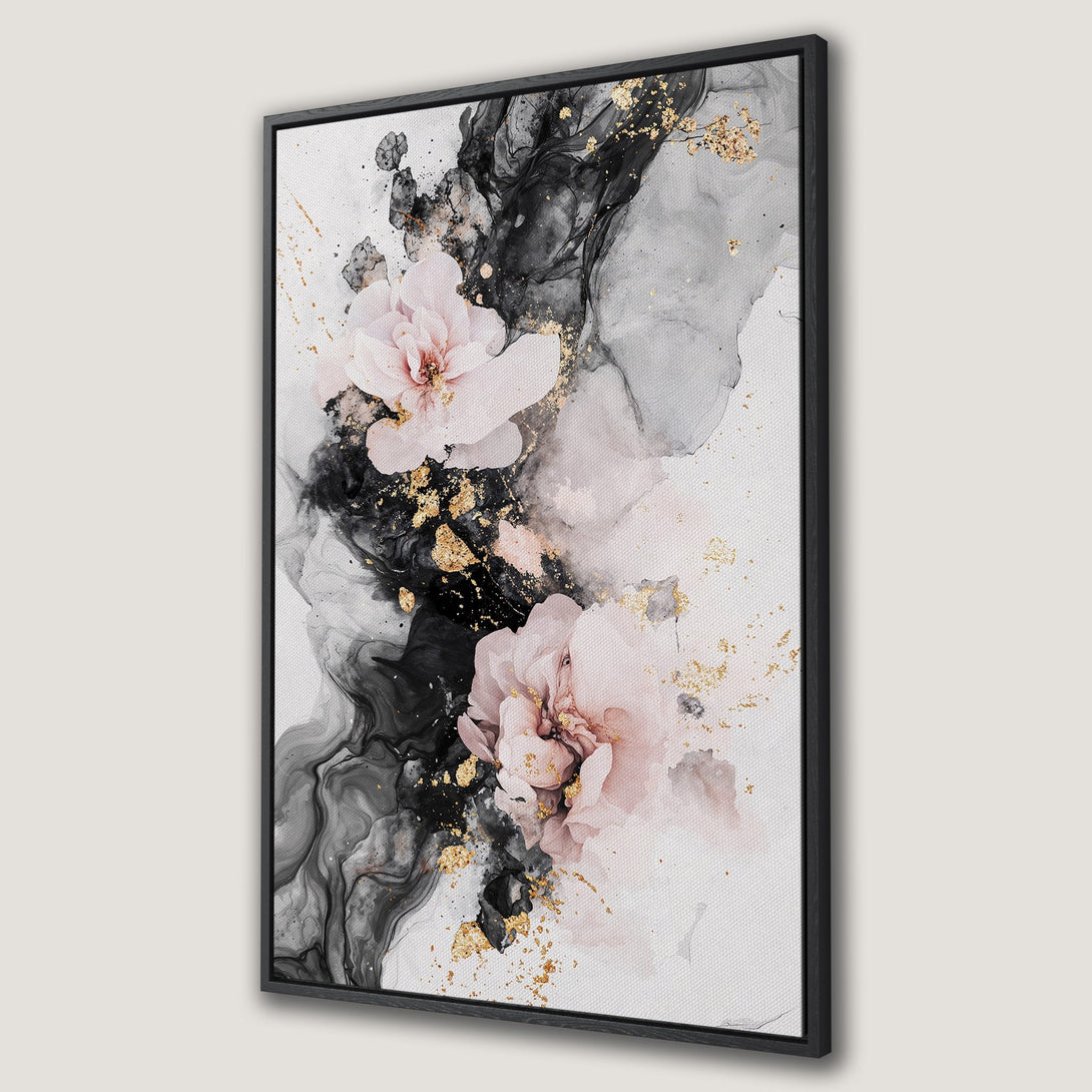 Framed Wall Art featuring abstract floral art in black, white, blush pink, and gold. Modern canvas print for elegant home decor.
