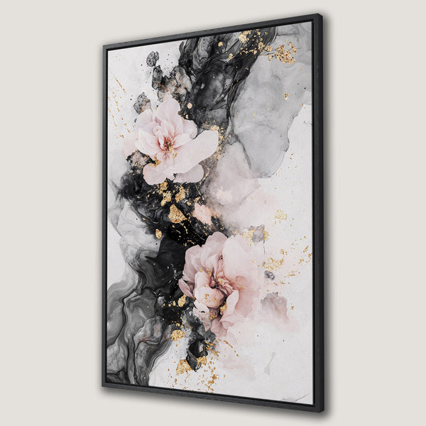Framed Wall Art featuring abstract floral art in black, white, blush pink, and gold. Modern canvas print for elegant home decor.