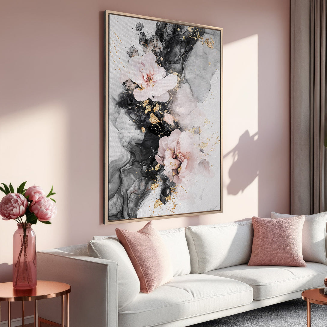 Framed Wall Art featuring floral abstract design in blush pink, black, and gold. Modern canvas print for living room decor.