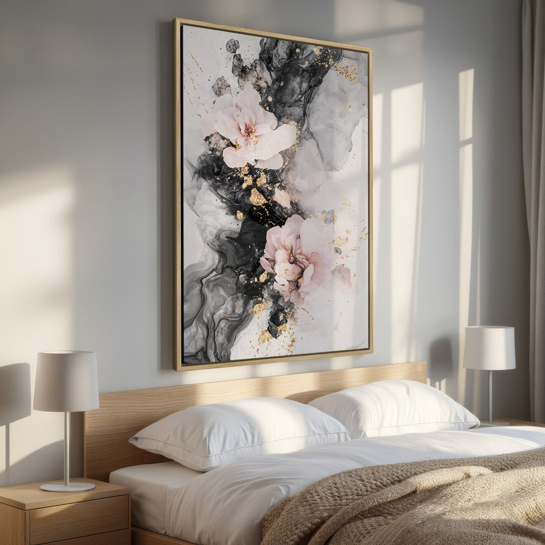 Framed Wall Art featuring abstract floral art in a modern style. The color palette includes blush pink, black, white, and gold accents. Perfect bedroom decor.