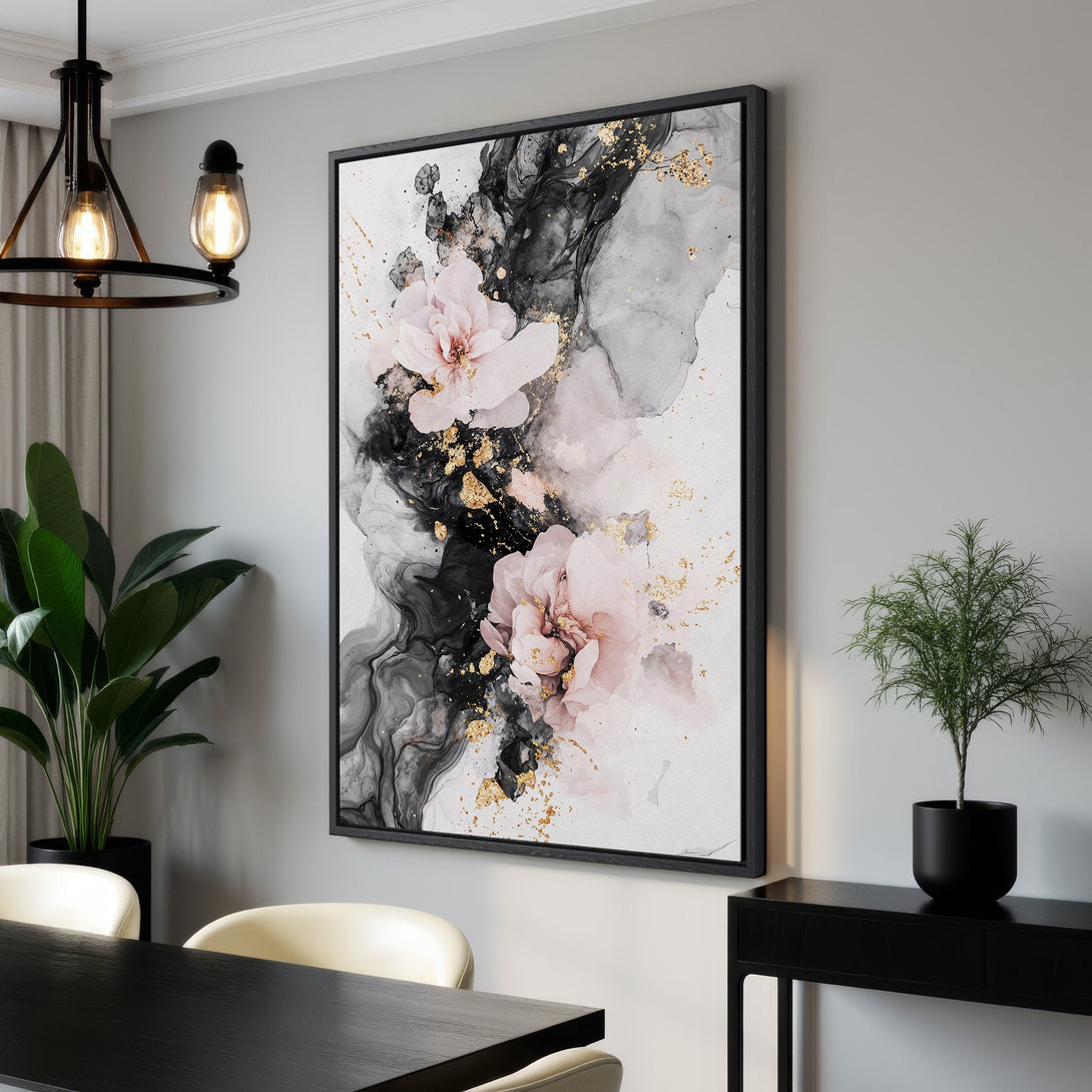 Framed Wall Art featuring abstract floral art in black, white, blush pink, and gold. Modern canvas print for a sophisticated interior design.