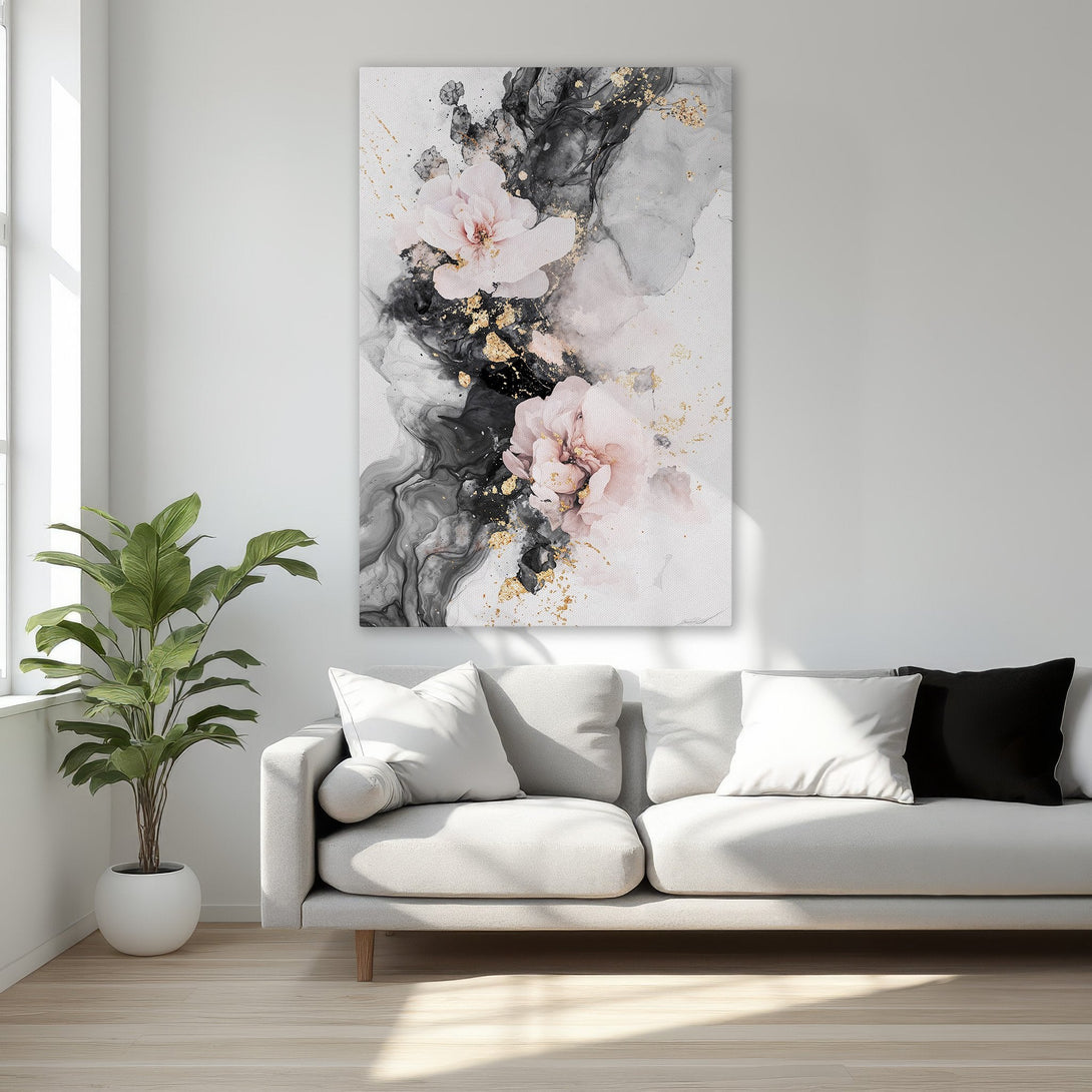Framed Wall Art: Abstract floral print in blush, black, and gold. Luxurious bedroom decor with a modern, elegant style.
