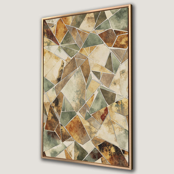 Framed Wall Art featuring an abstract geometric design in earthy tones of brown, green, and beige. Perfect for adding a touch of modern art to your space.