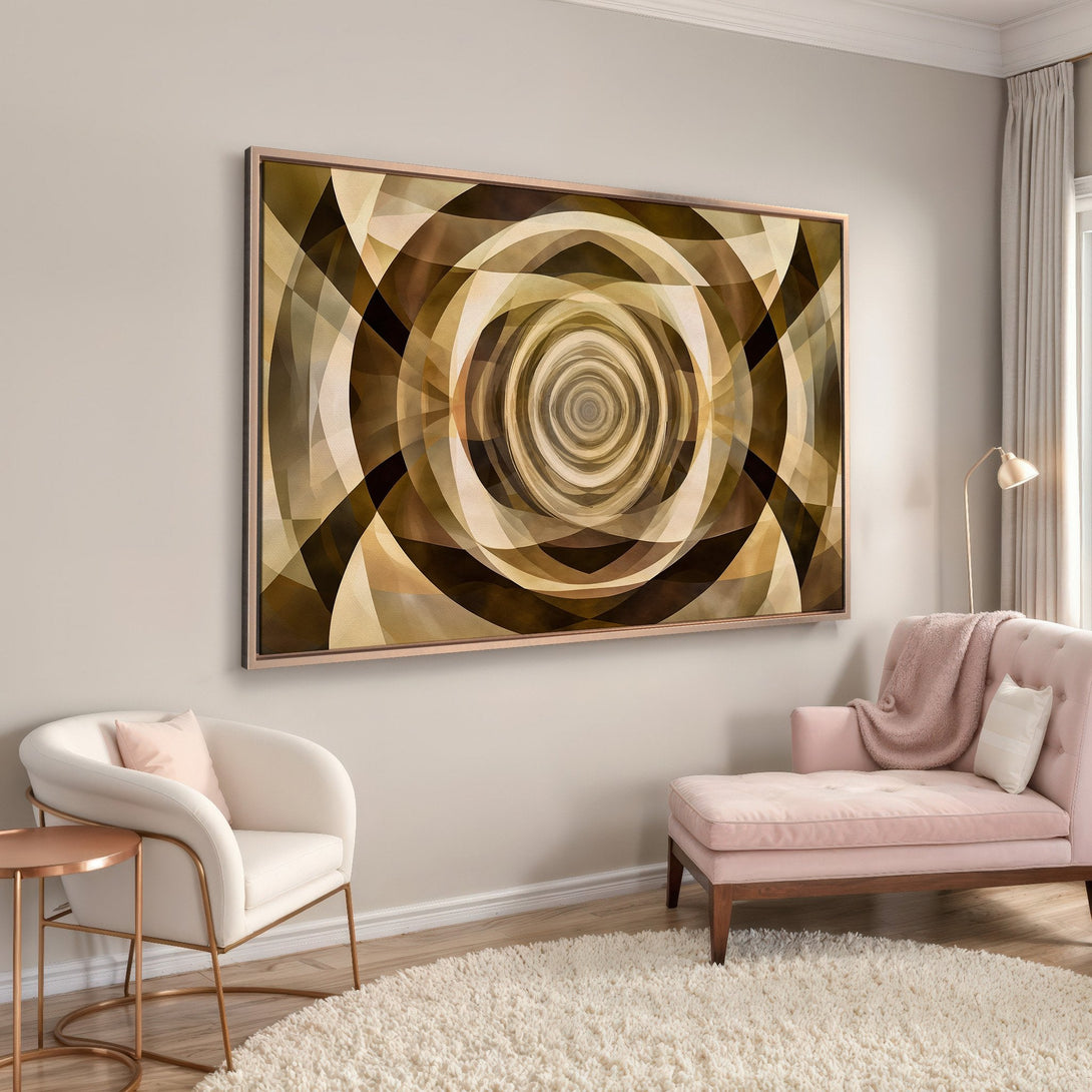 Framed Wall Art featuring an abstract spiral design in warm brown and beige tones. Modern art for living room or bedroom decor.