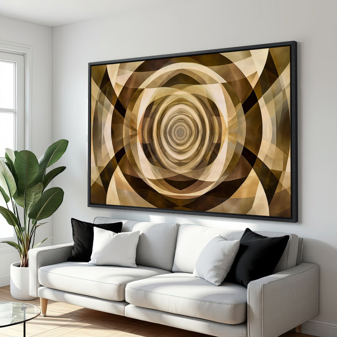 Framed Wall Art featuring an abstract geometric design in warm brown tones. Perfect for adding a modern touch to any living space.