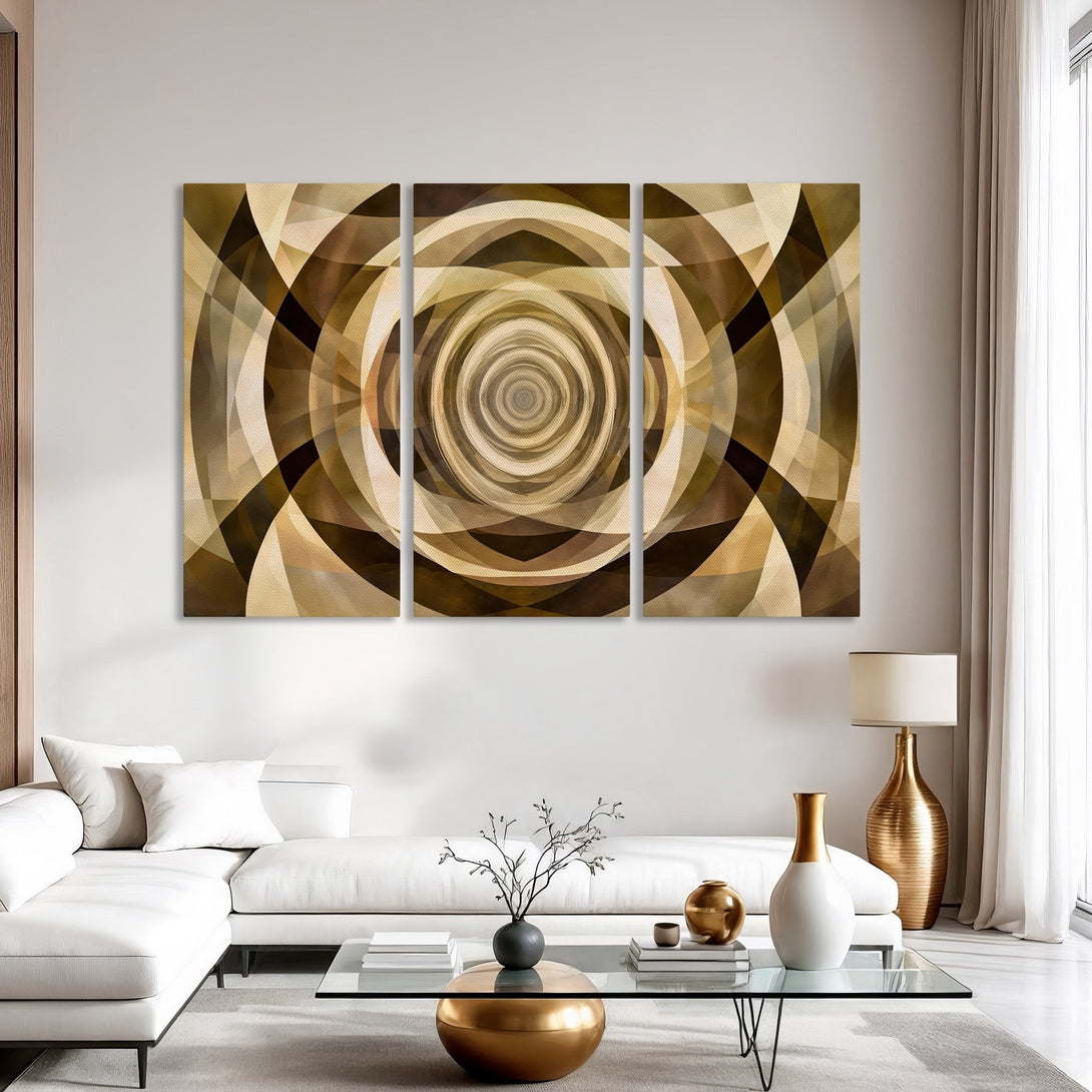 Abstract Canvas Print in warm, earthy tones. Modern art piece with geometric design, perfect for living room decor. Features a neutral color palette.