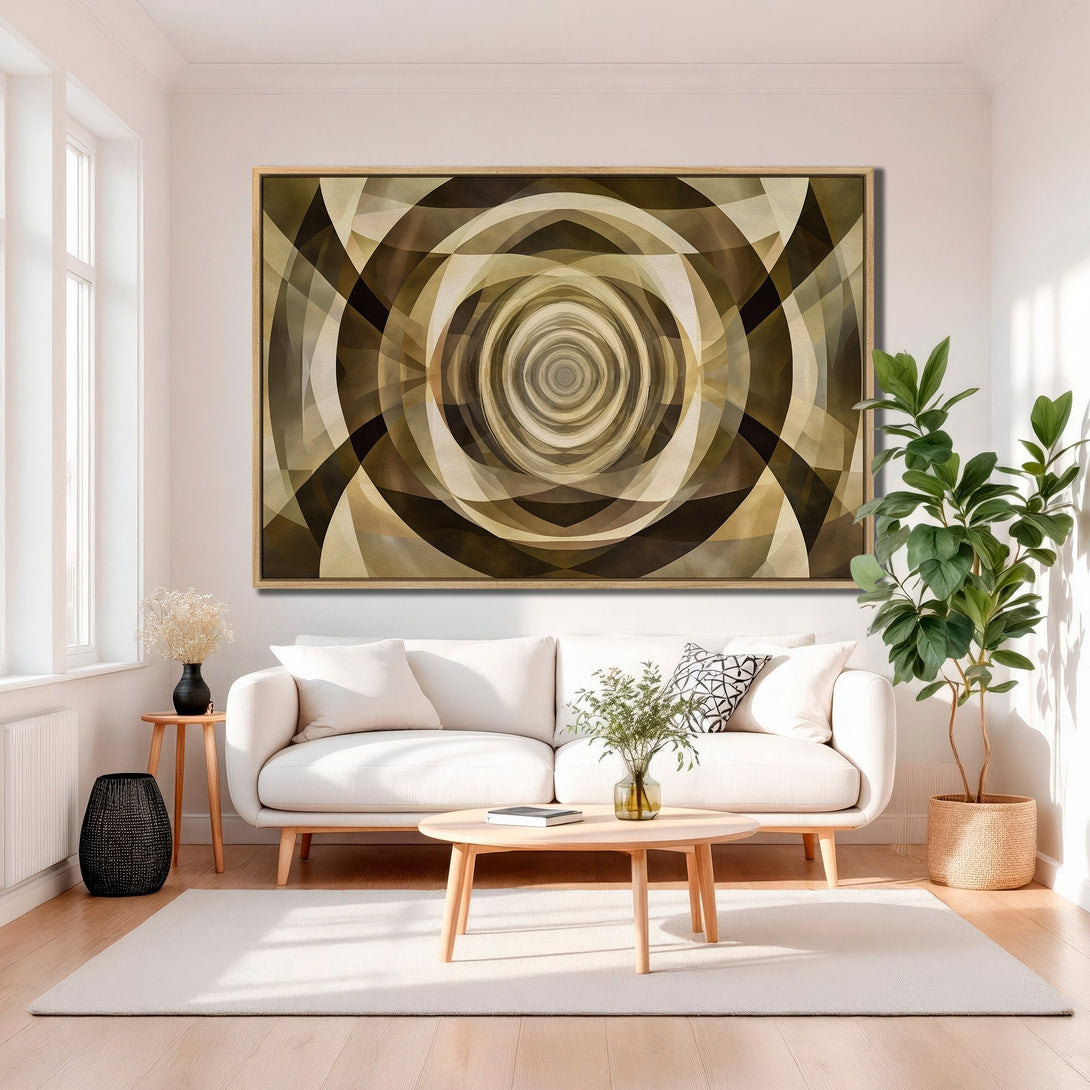 Framed Wall Art: Abstract geometric design in warm brown and beige tones. Modern art canvas print enhances any living room decor.