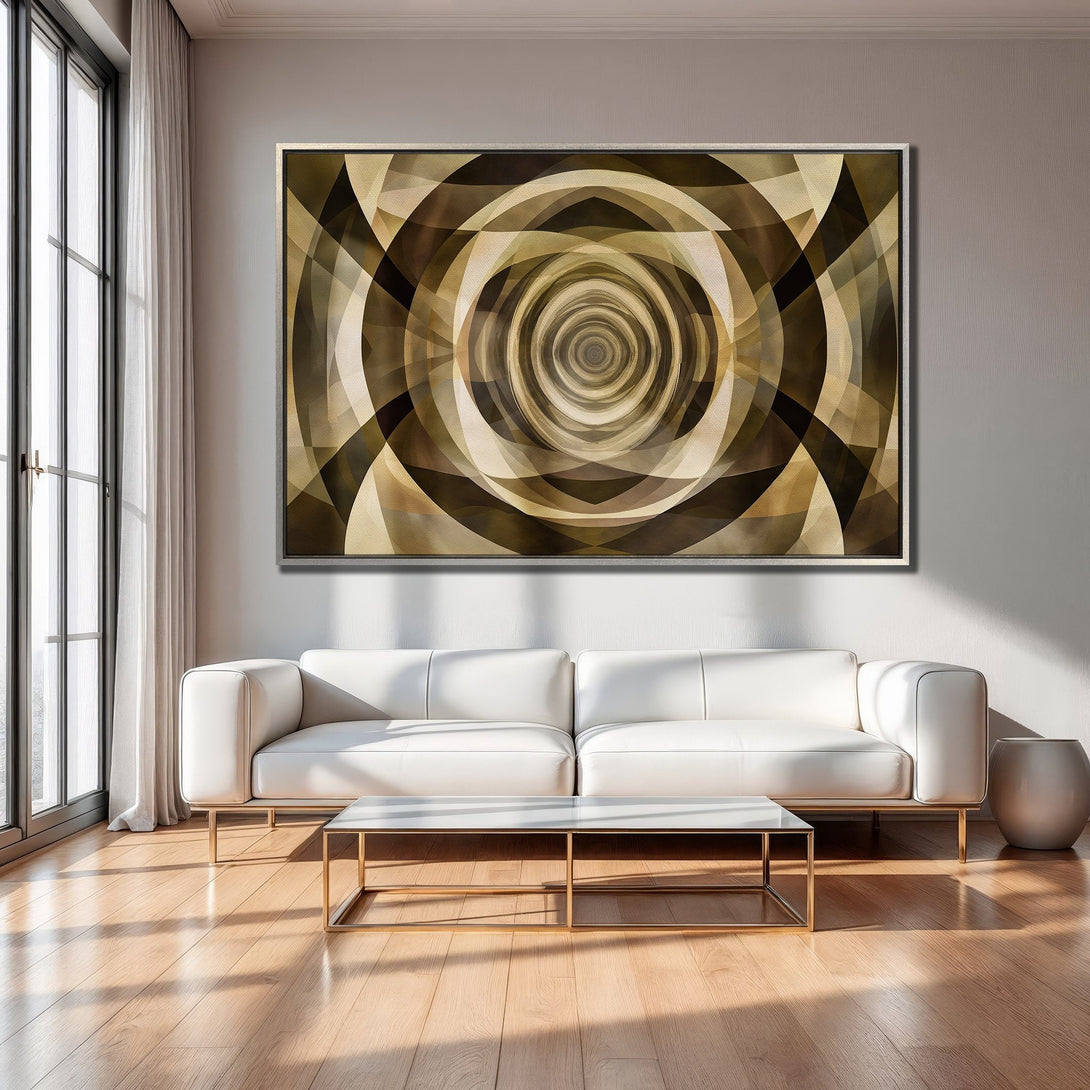 Framed Wall Art abstract spiral design in warm brown and beige tones, displayed in a modern living room. Perfect for adding a focal point!