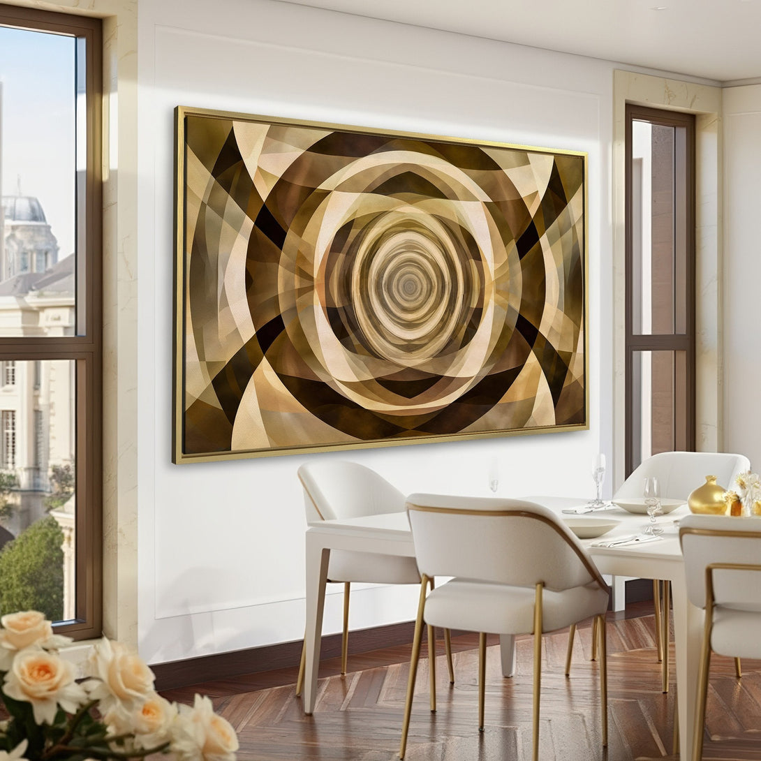 Canvas Print of abstract geometric art in warm brown tones, displayed in a sophisticated office interior. Elevate your decor!
