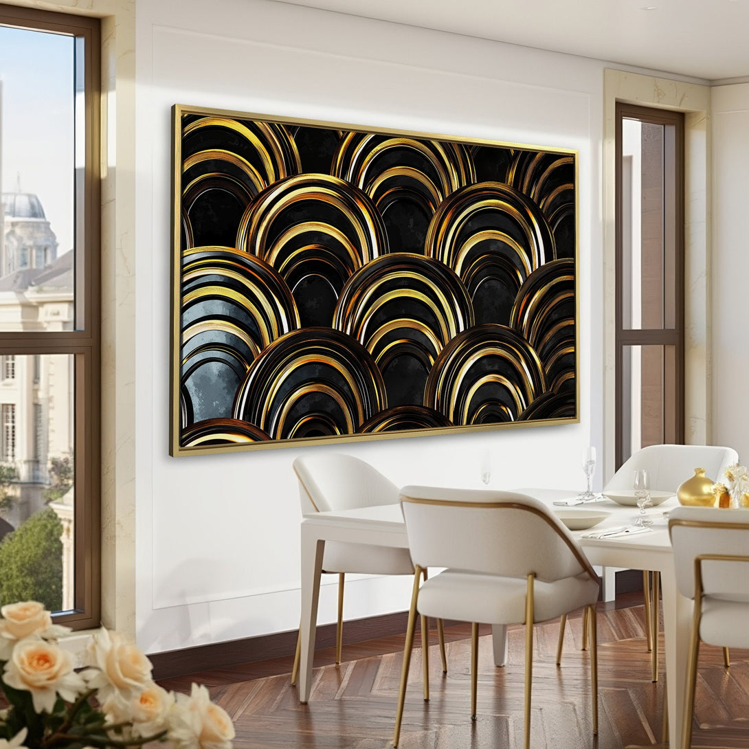 Canvas Print featuring a modern geometric design in black and gold, displayed in a stylish interior with a green and brown color palette.