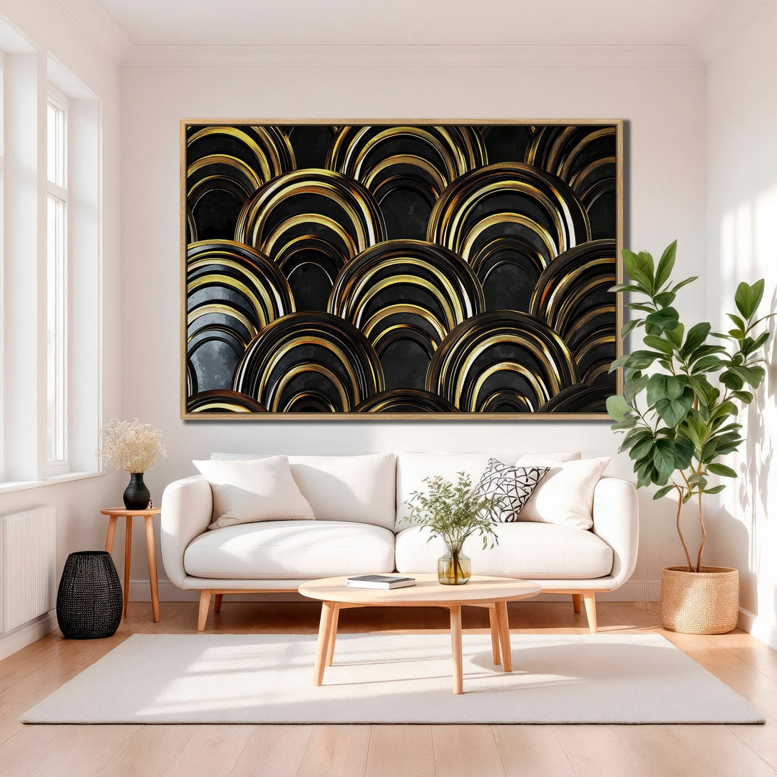 Framed Wall Art featuring an abstract gold and black design, adding a touch of luxury to a modern living room.