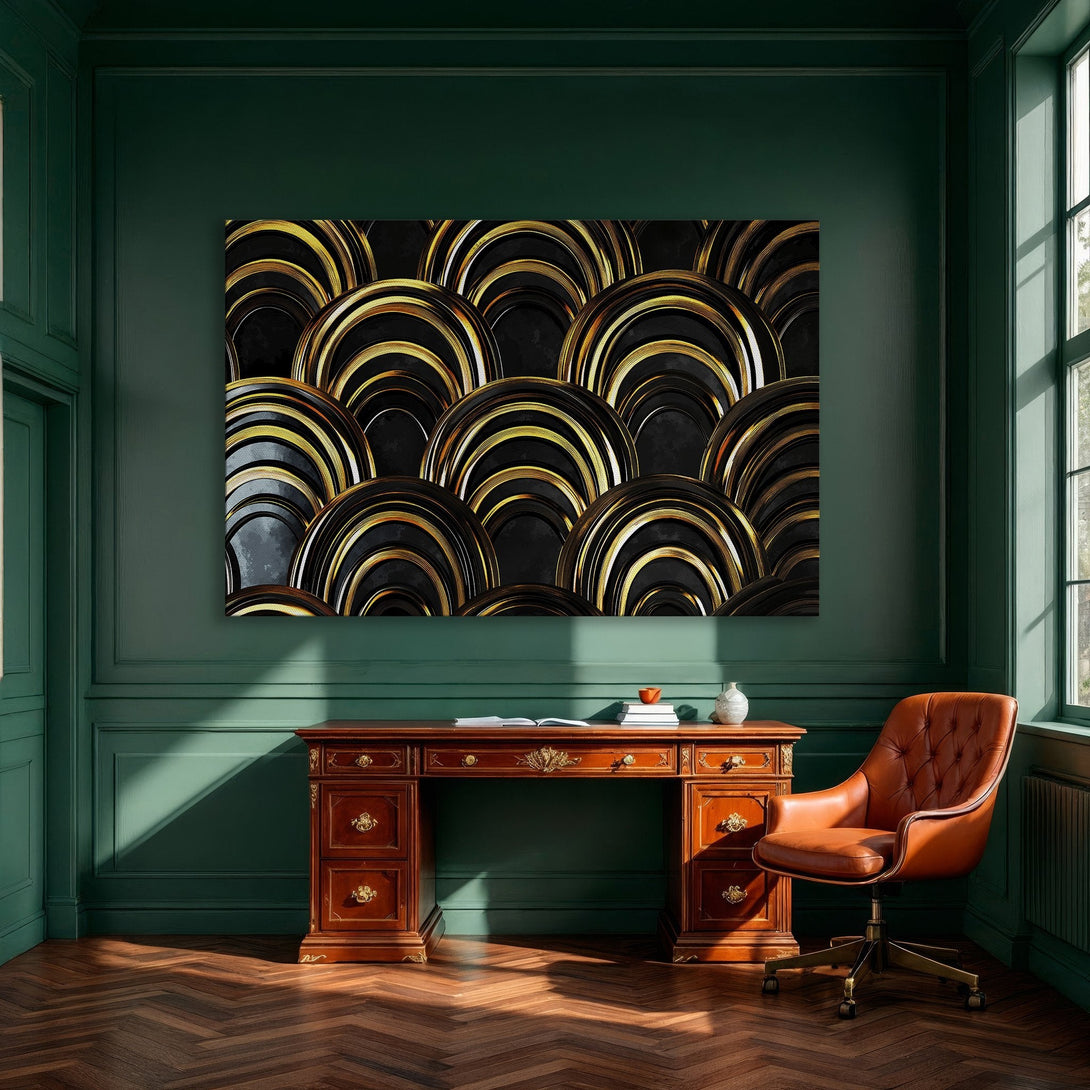 Framed Wall Art: Abstract black & gold artwork. Modern design with a luxurious feel. Perfect for dining room decor.