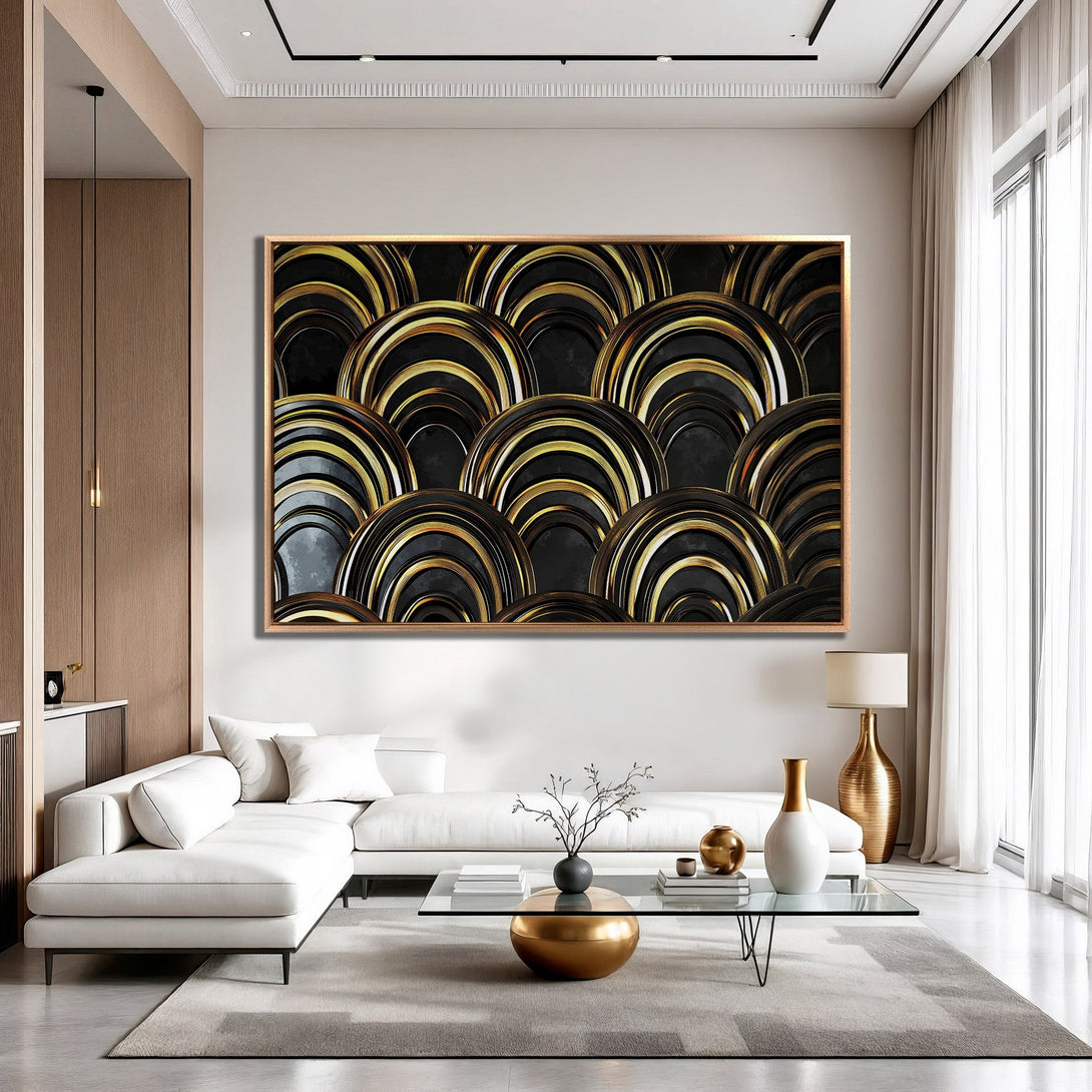Framed Wall Art: Abstract art print in black and gold, displayed in a modern interior. Elegant, geometric design with a luxurious color palette.