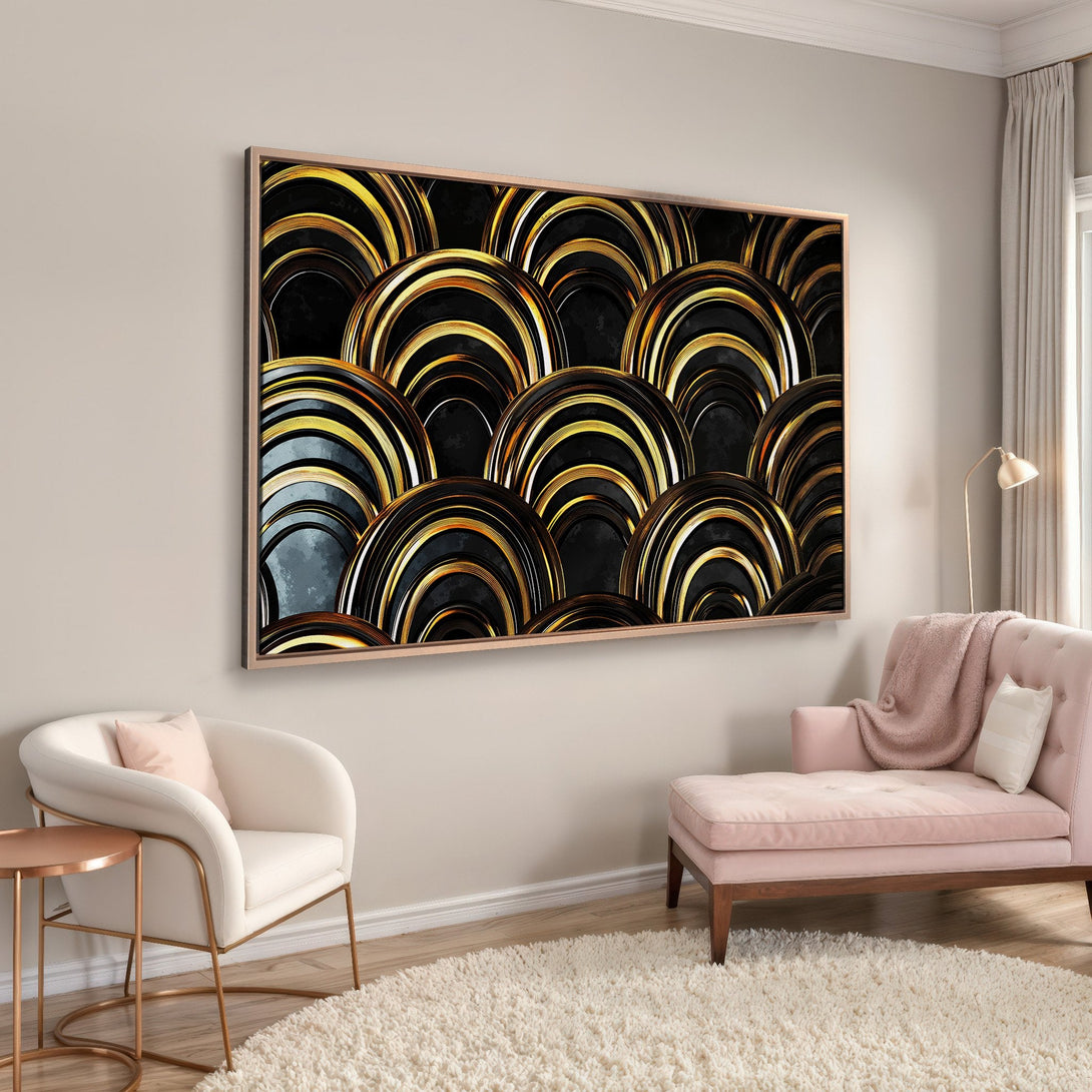Framed Wall Art: Abstract gold and black art deco design. Modern canvas print with a neutral interior, perfect for living room decor.