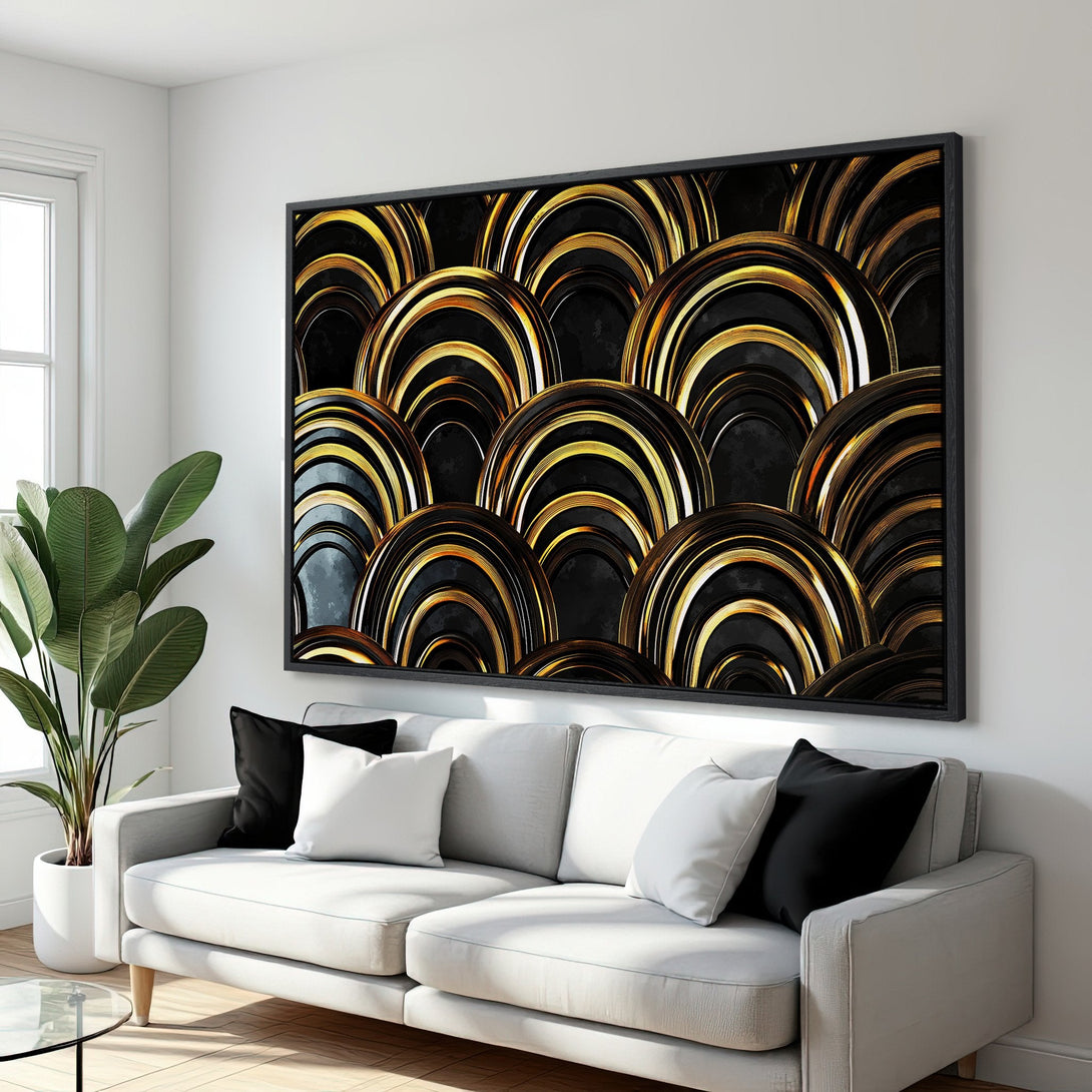 Framed Wall Art: Abstract gold and black art deco design. Modern canvas print in a luxurious interior setting. Elevate your space with this statement piece.