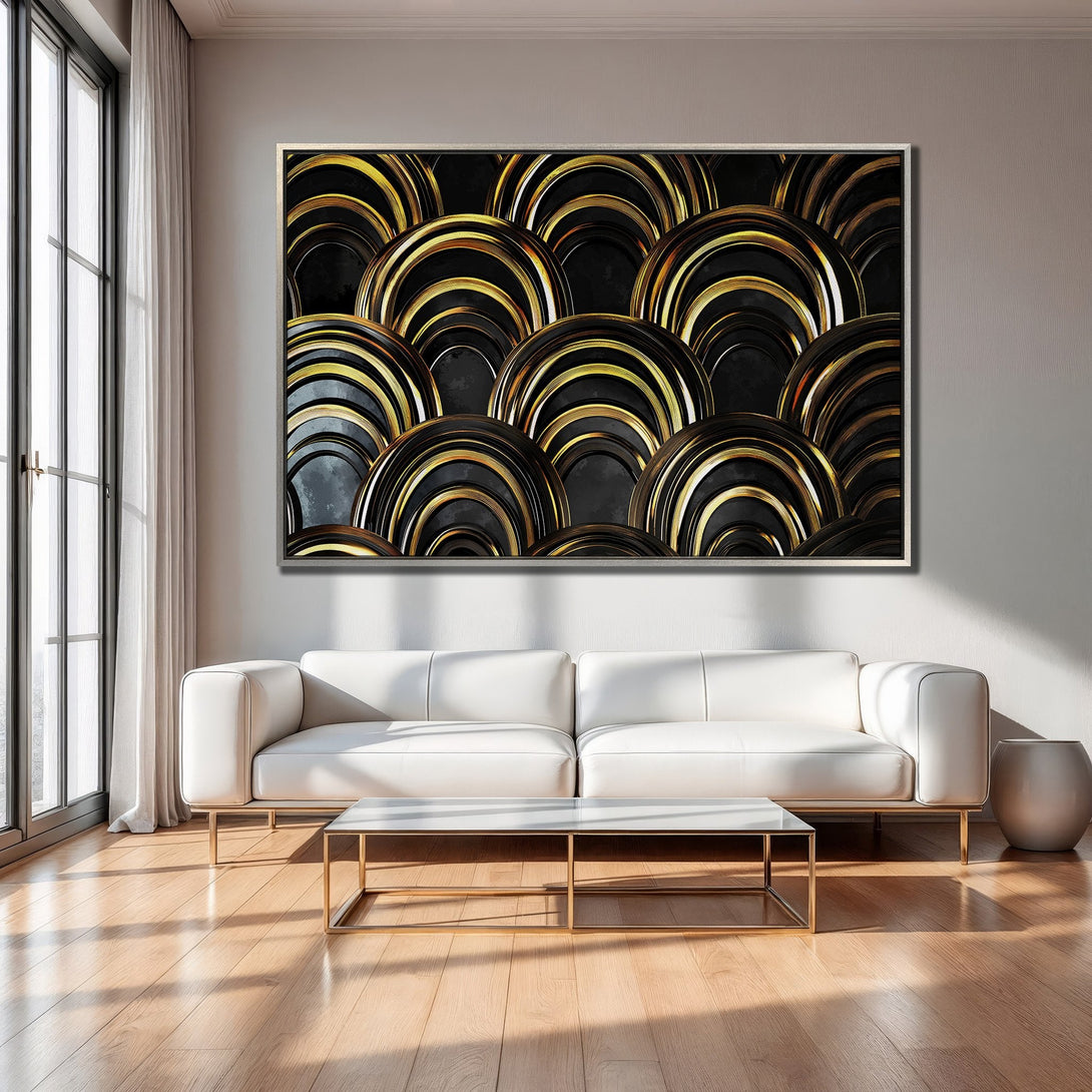 Framed Wall Art featuring a modern abstract design in black and gold. Adds a touch of luxury to any interior.