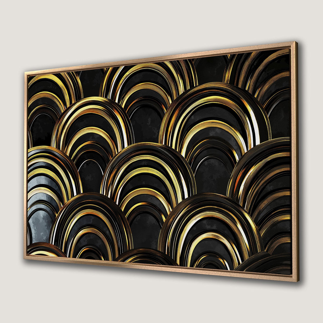 Framed Wall Art: Abstract gold and black art deco design. Modern canvas print with luxurious color palette. Elevate your home decor!