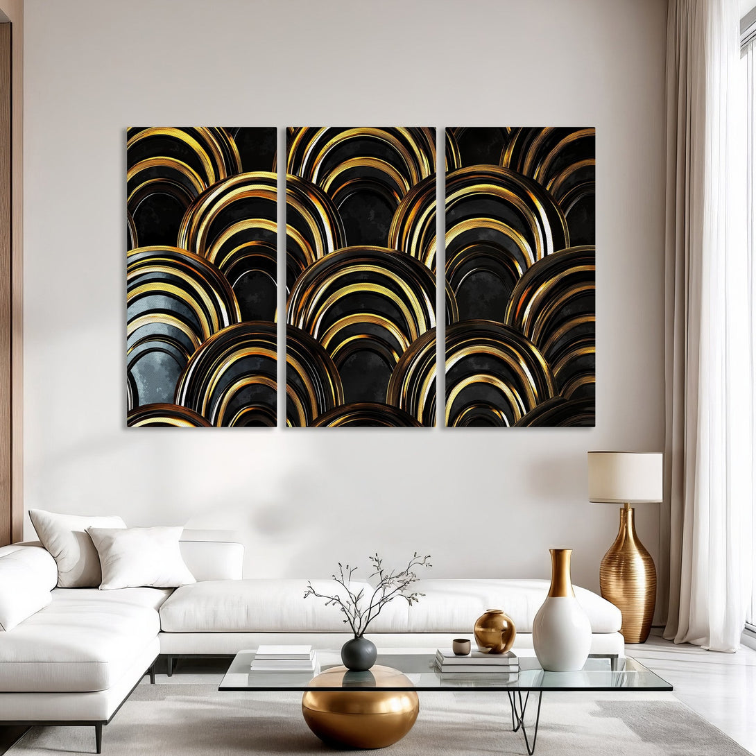 Canvas Print featuring a modern, abstract design with gold and black concentric circles. Adds a touch of luxury to any interior.