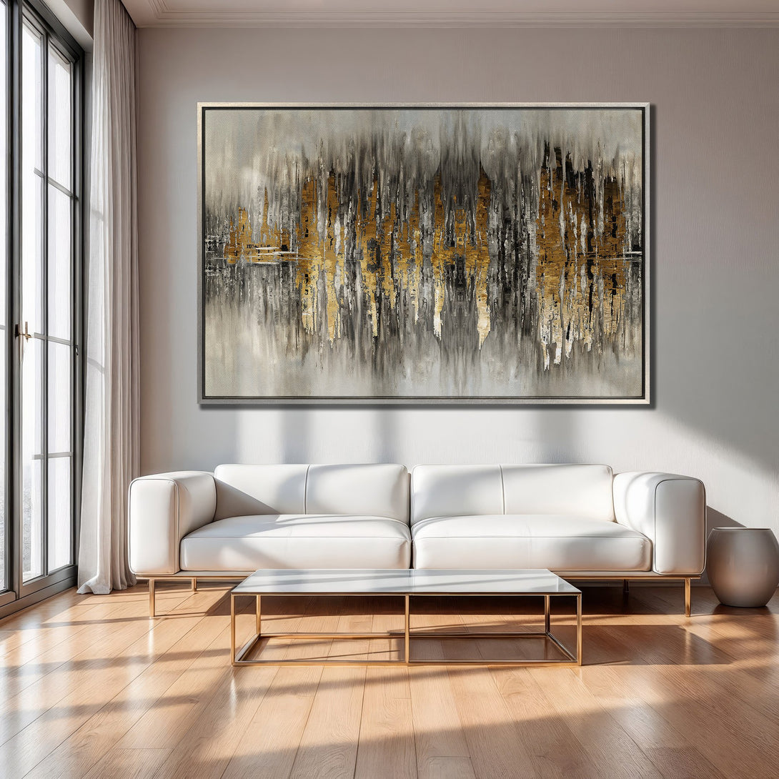 Framed Wall Art: Abstract gold, black, and gray painting in a modern living room. Enhance your space with this stylish canvas print!